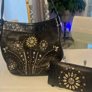 BRIGHTON HARRAH SUNFLOWER PRETTY TOUGH FLORAL STUDDED EMBOSSED RARE BAG & WALLET